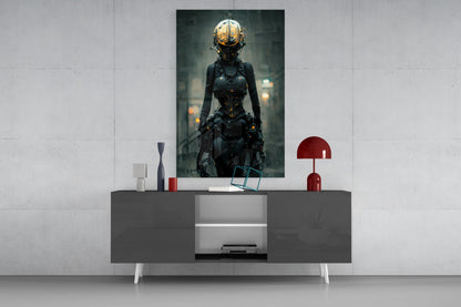 Futuristic female cyborg artwork displayed above gray sideboard with white legs, red lamp, and decorative accessories against white wall.
