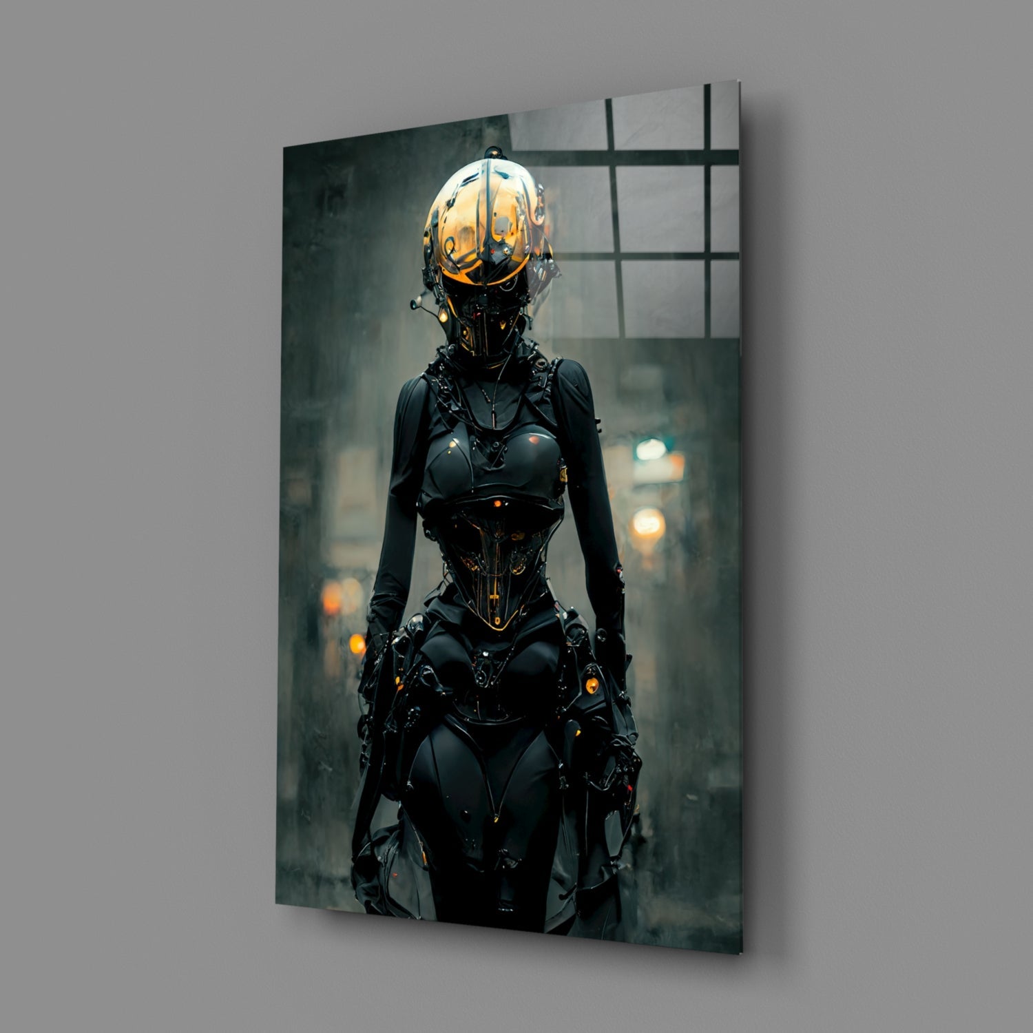 Futuristic cyborg figure with golden helmet and black armored suit standing against blurred urban backdrop on glass art panel.
