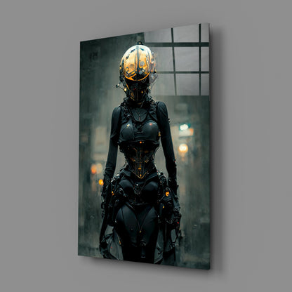Futuristic cyborg figure with golden helmet and black armored suit standing against blurred urban backdrop on glass art panel.