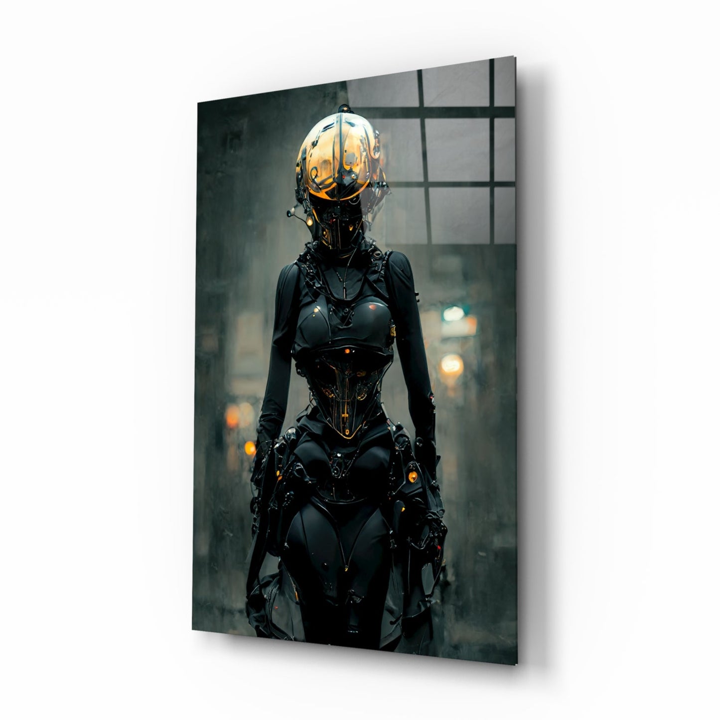 Futuristic cyborg figure in black armor with glowing orange helmet and chest panel stands in industrial urban setting, displayed as glass wall art.