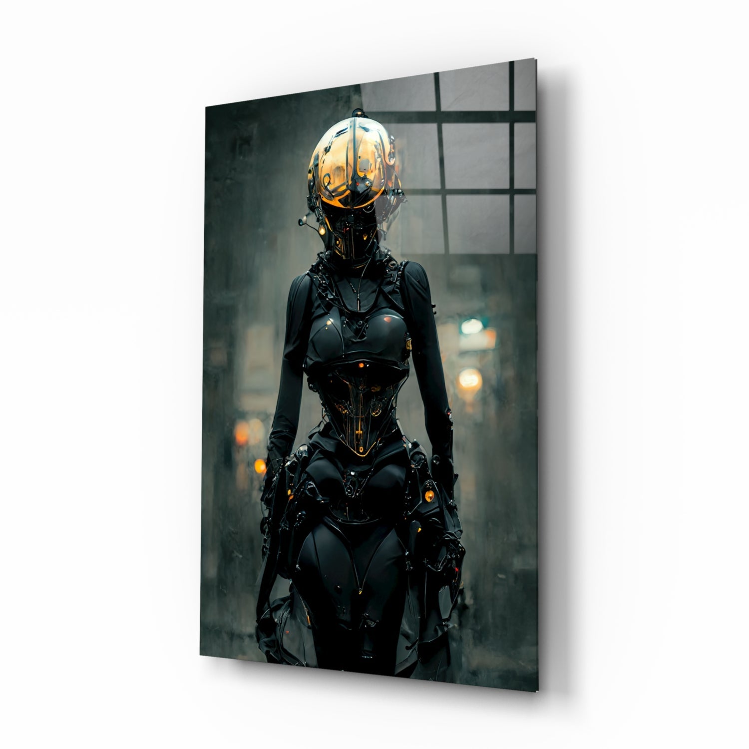 Futuristic cyborg figure in black armor with glowing orange helmet and chest panel stands in industrial urban setting, displayed as glass wall art.