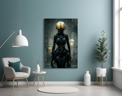 Futuristic female cyborg with glowing yellow helmet and black armored suit standing in urban environment, displayed as wall art in modern living room.