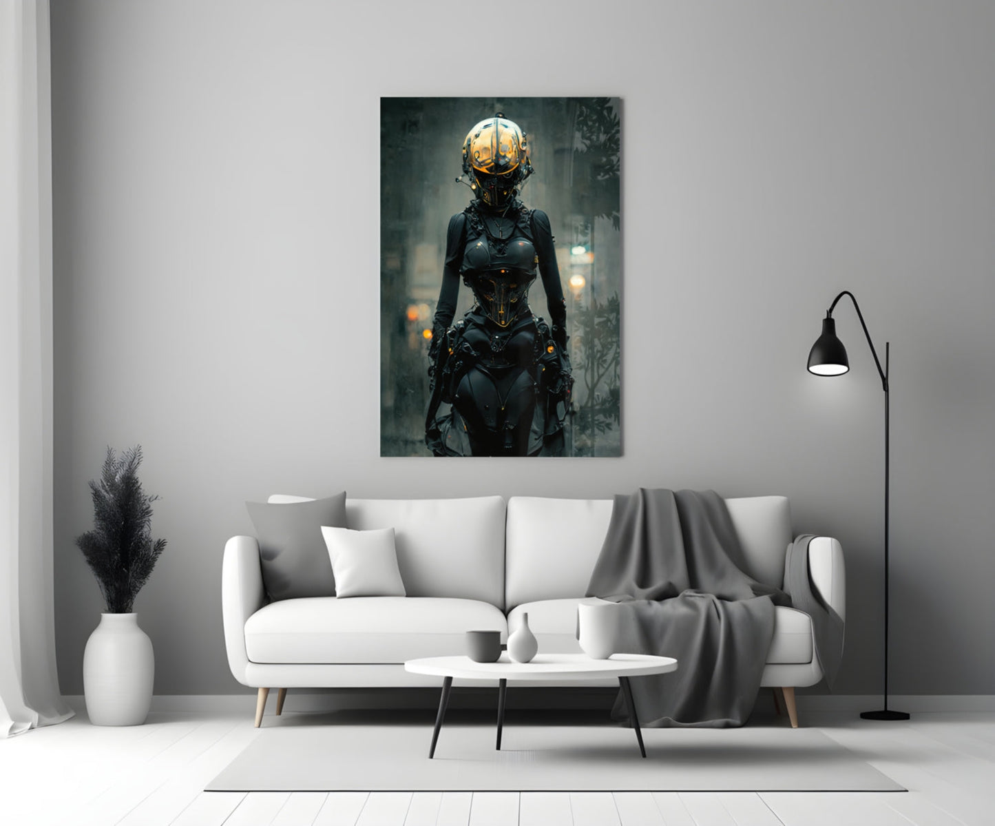 Futuristic female cyborg figure with golden sphere head and black armor displayed above white sofa in modern living room interior.