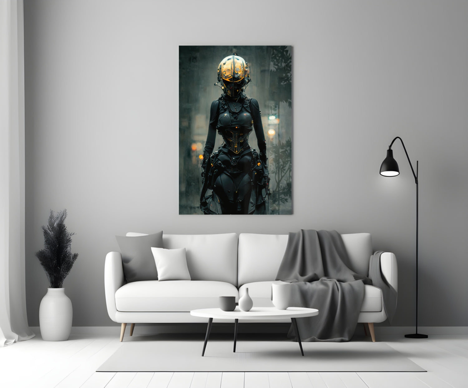 Futuristic female cyborg figure with golden sphere head and black armor displayed above white sofa in modern living room interior.