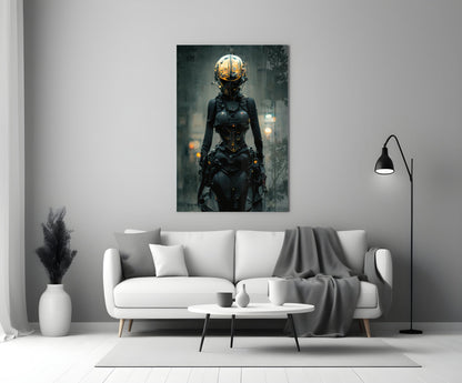 Futuristic female cyborg figure with golden sphere head and black armor displayed above white sofa in modern living room interior.