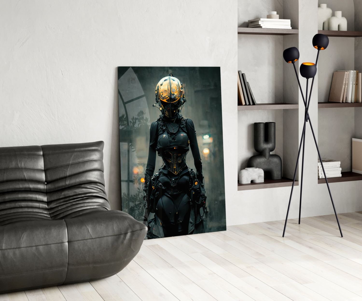 Futuristic female cyborg figure with glowing orange helmet and black armor suit displayed as glass art in modern living room setting.
