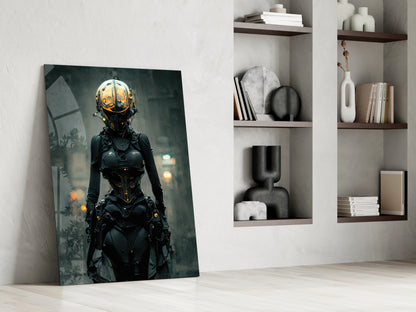 Futuristic female cyborg artwork leaning against white wall beside styled shelving with decorative objects and books.