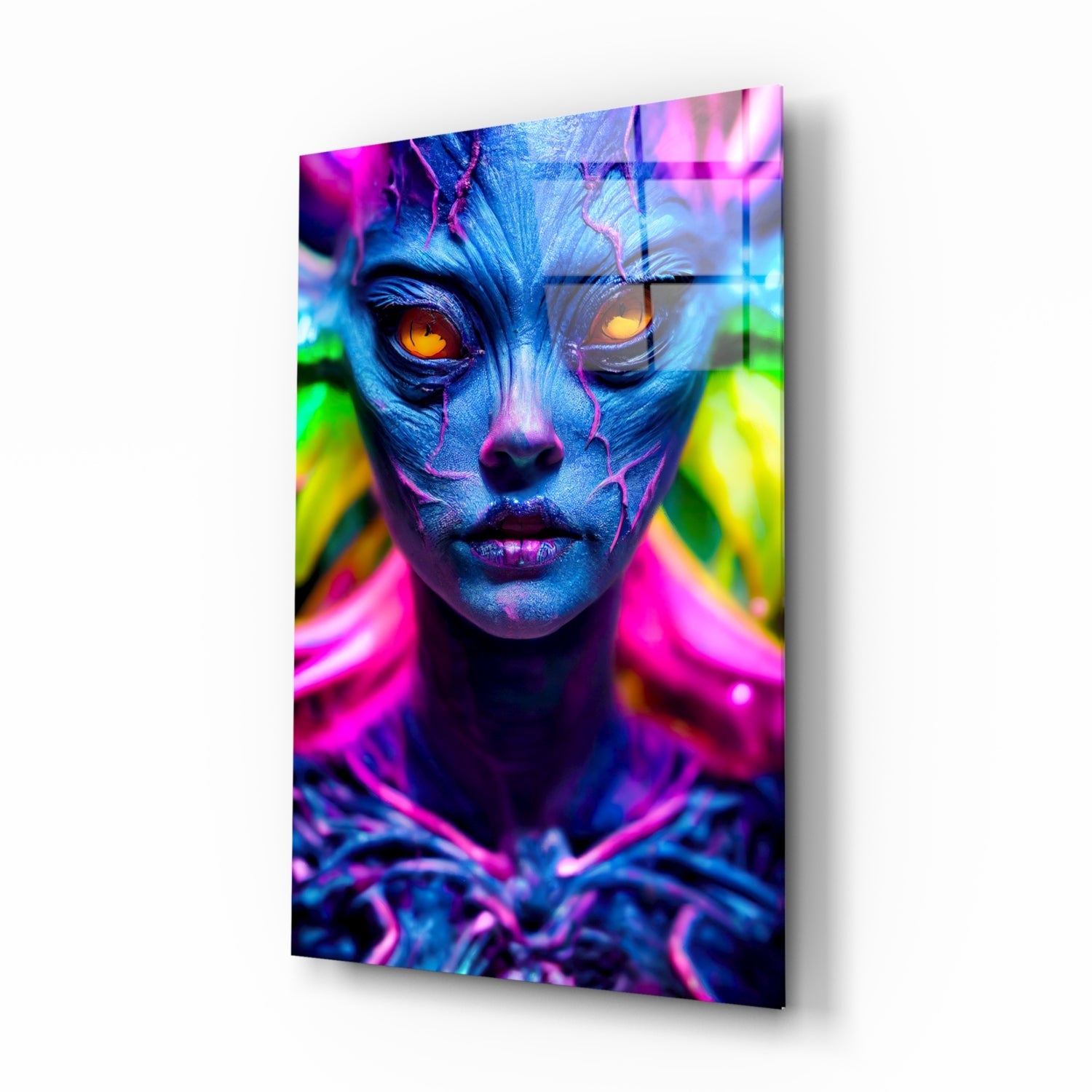 Blue alien face with glowing amber eyes and neon pink, yellow, and green light streaks on angled glass panel.