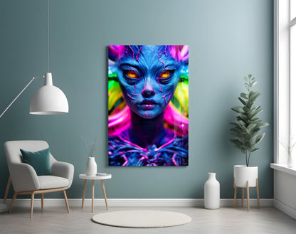 Neon blue and purple alien face with glowing orange eyes displayed on glass wall art in minimalist room setting.
