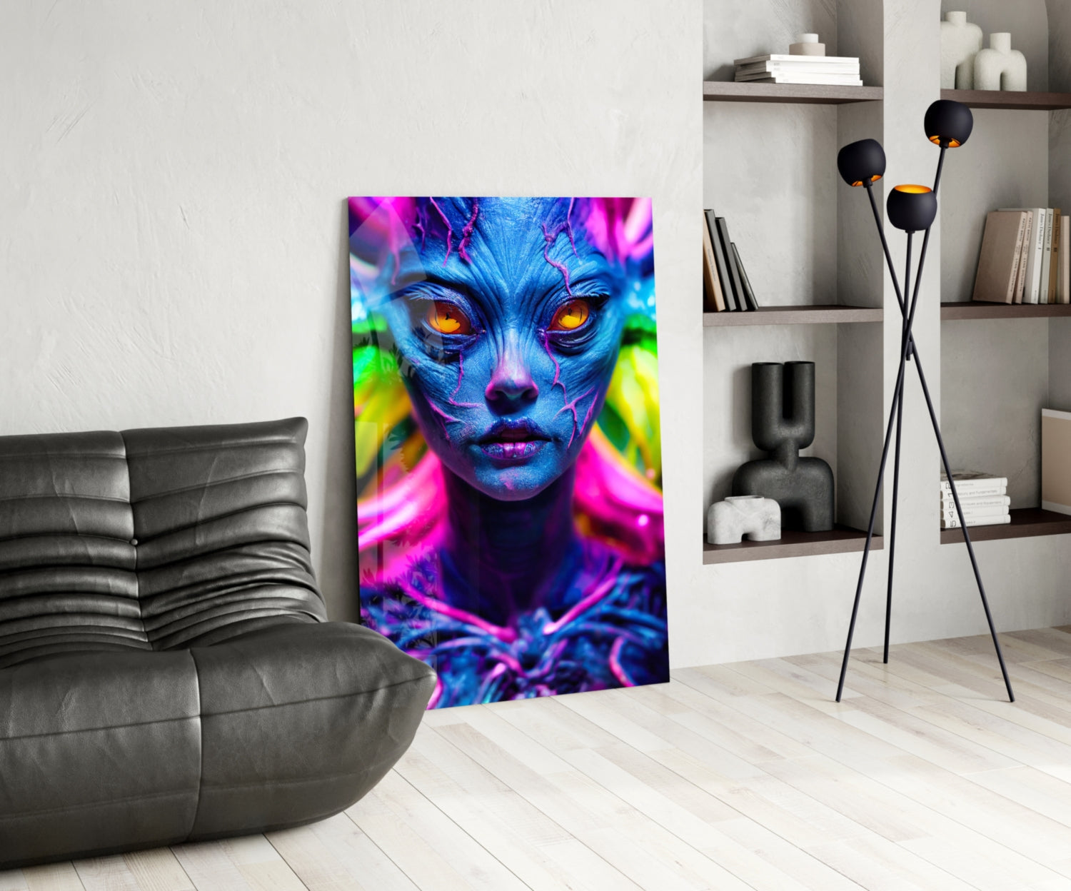 Vibrant neon blue and magenta portrait with glowing orange eyes displayed as glass wall art in modern living room setting.