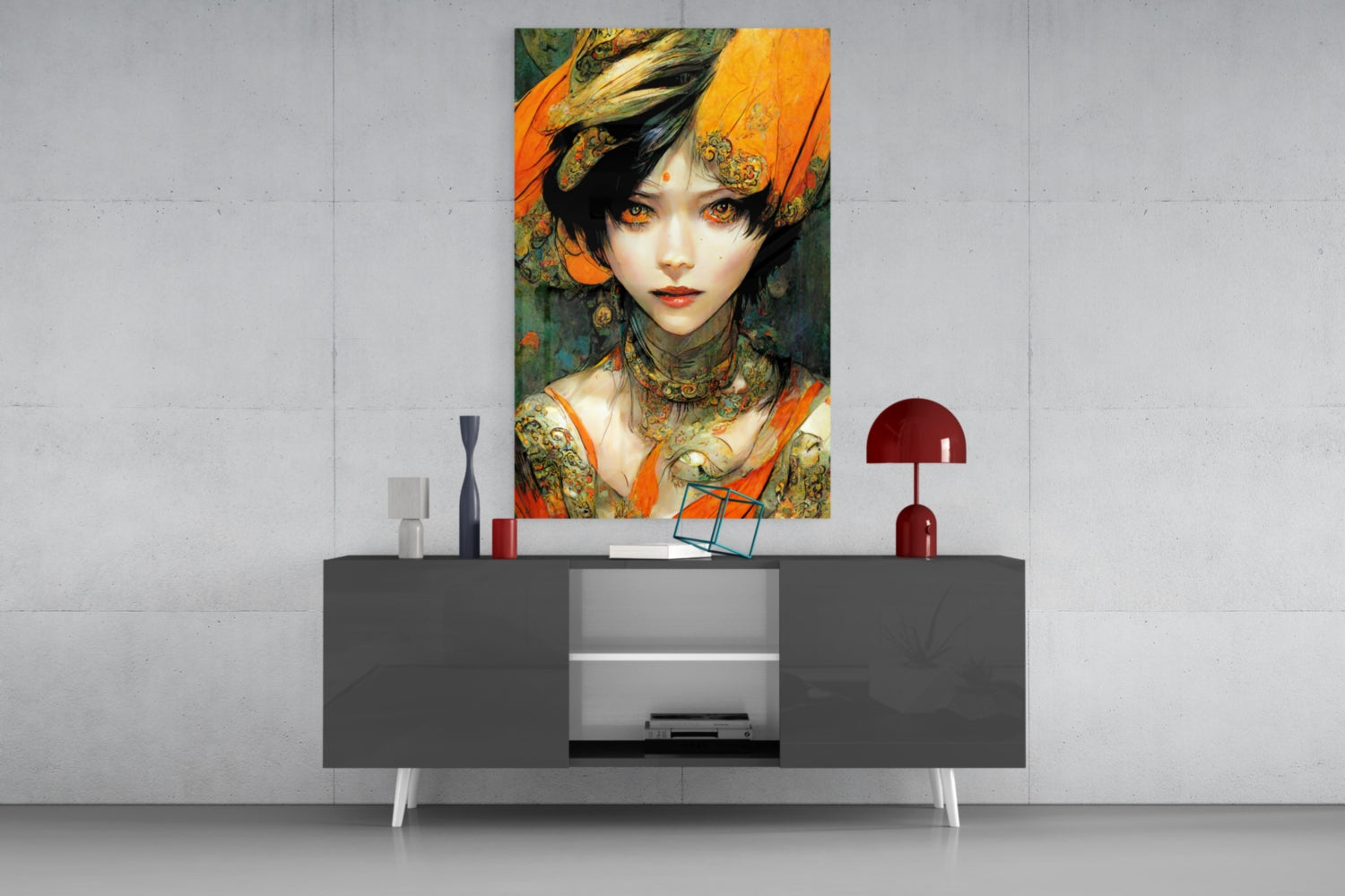 Glass wall art featuring an illustrated woman with orange and gold ornamental headdress displayed above a dark modern sideboard with decorative accessories.