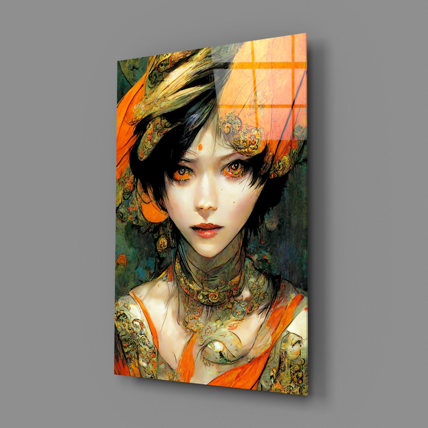 Glass wall art depicting an illustrated woman with golden eyes, ornate jewelry, and orange and green patterned clothing against a gray background.