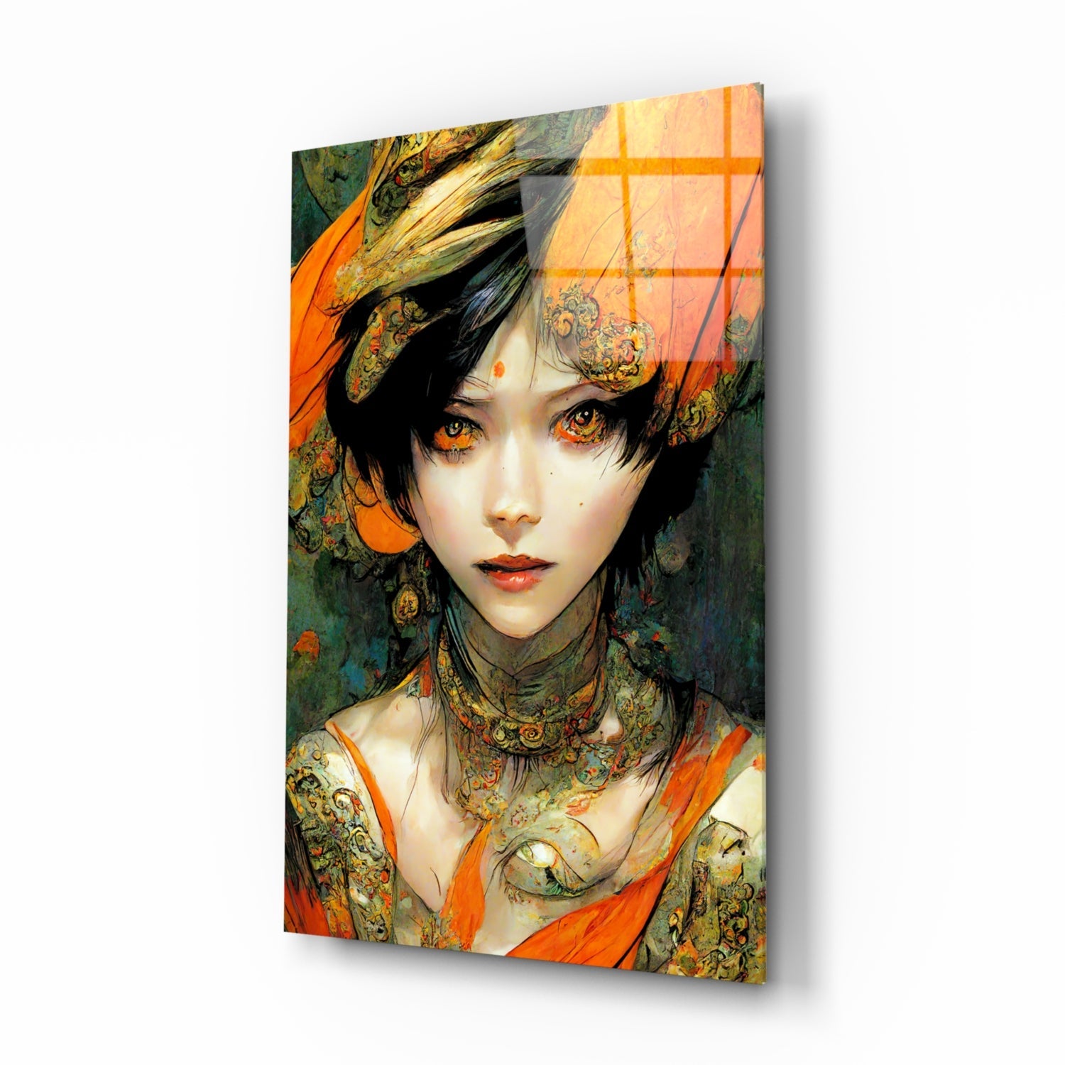 Glass wall art mounted on white wall showing illustrated portrait of woman with golden eyes, ornate patterned clothing in orange and gold tones, and decorative window grid overlay.