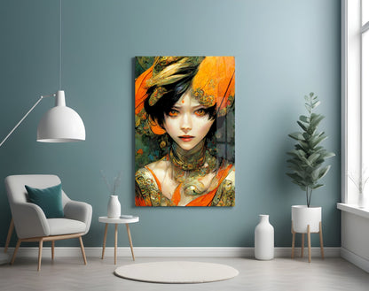 Glass wall art featuring an illustrated female figure with orange and gold ornamental details displayed in a minimalist room setting with furniture and plants.