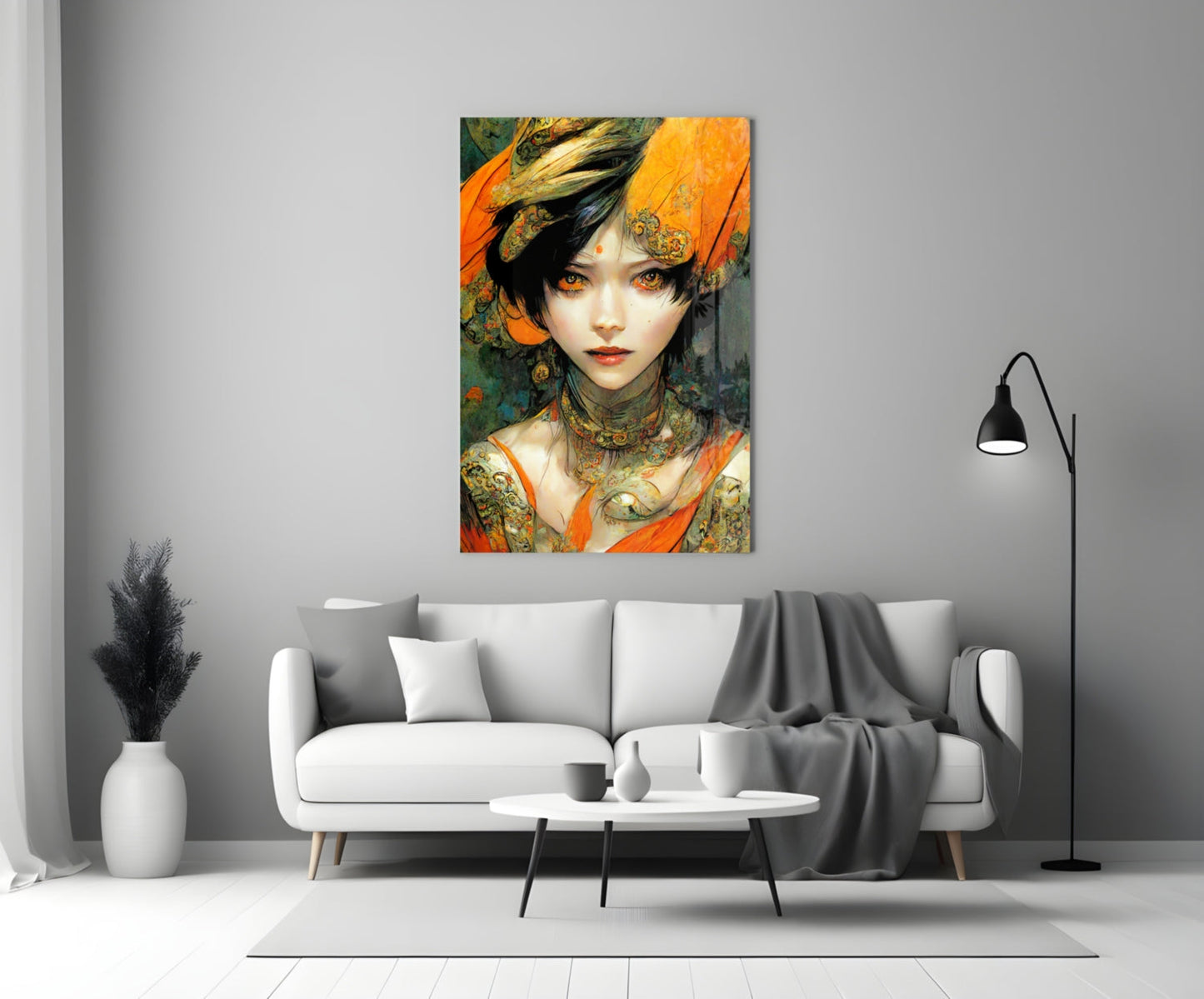 Glass wall art mounted above a white sofa displaying an illustrated portrait of a figure with orange and gold ornamental clothing and striking amber eyes.
