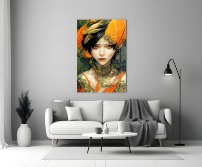 Glass wall art mounted above a white sofa displaying an illustrated portrait of a figure with orange and gold ornamental clothing and striking amber eyes.
