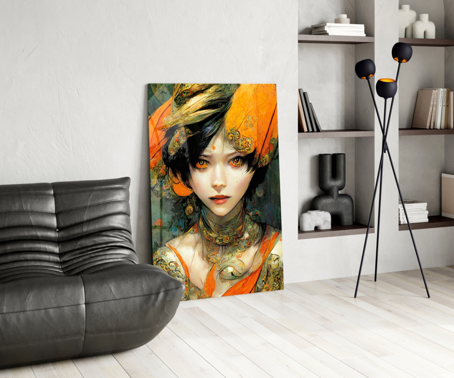 Glass wall art depicting an anime-style female figure with orange and gold ornamental clothing displayed in a modern living room setting.