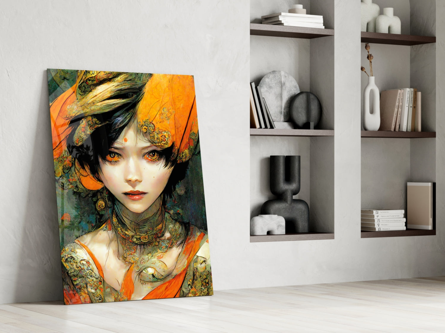 Glass wall art panel leaning against white wall displays illustrated portrait of woman with orange headwrap and ornate gold patterned clothing.