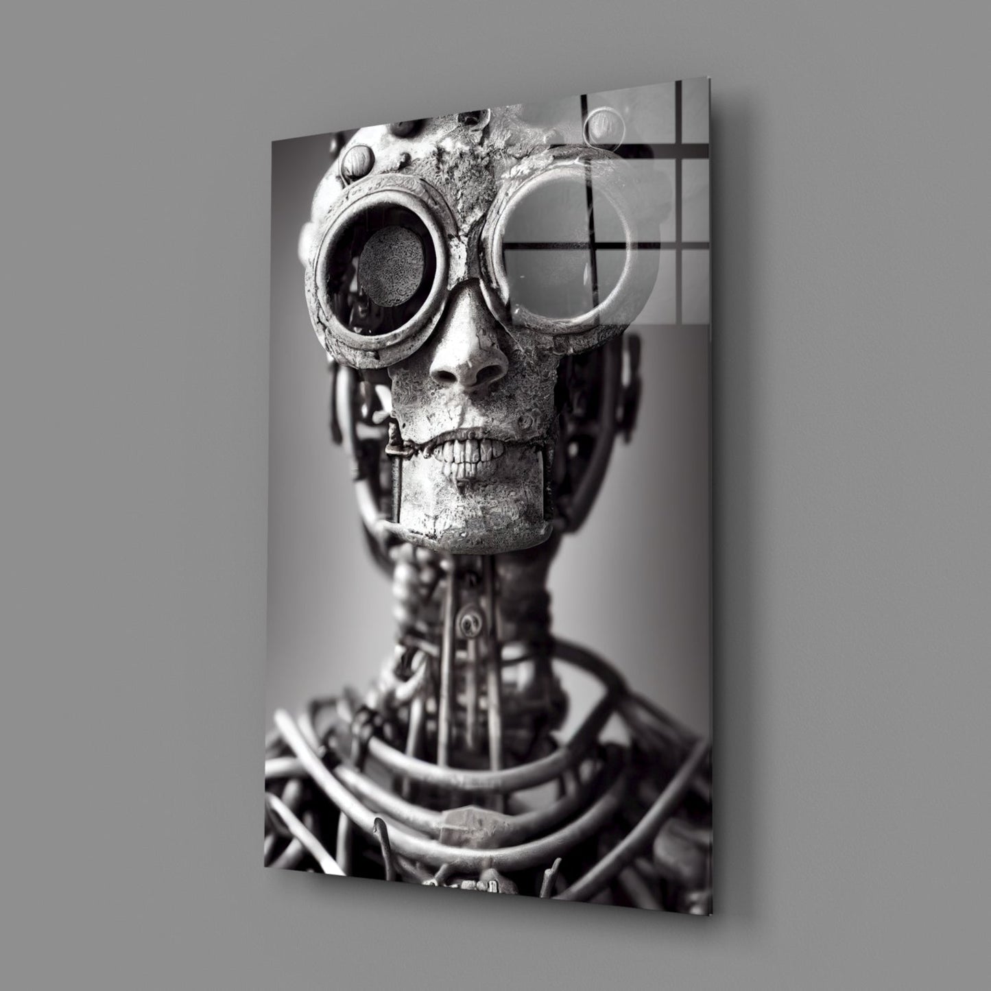 Black and white photograph of a textured skull wearing ornate steampunk goggles, mounted on a vertical glass panel with grid overlay.