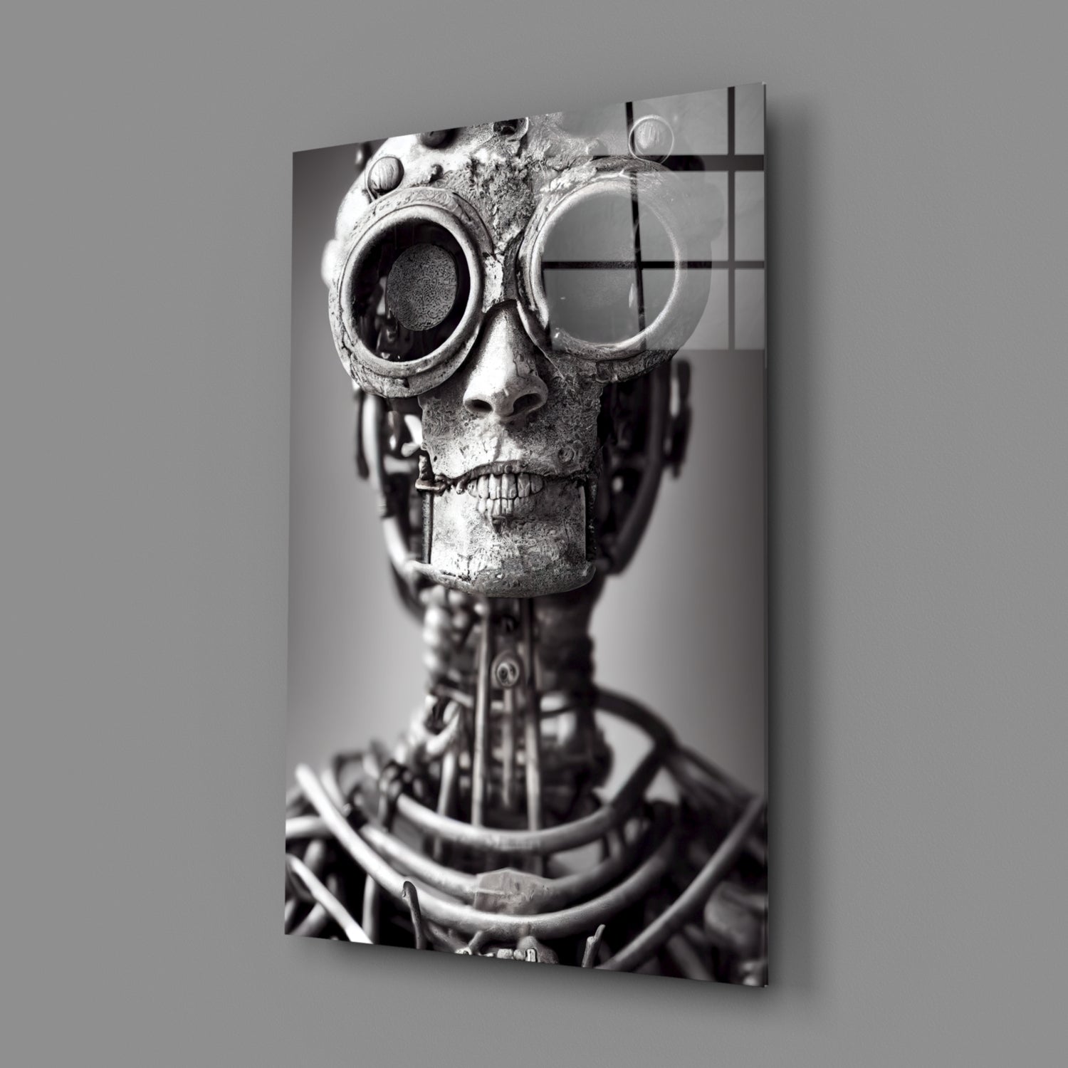 Black and white photograph of a textured skull wearing ornate steampunk goggles, mounted on a vertical glass panel with grid overlay.