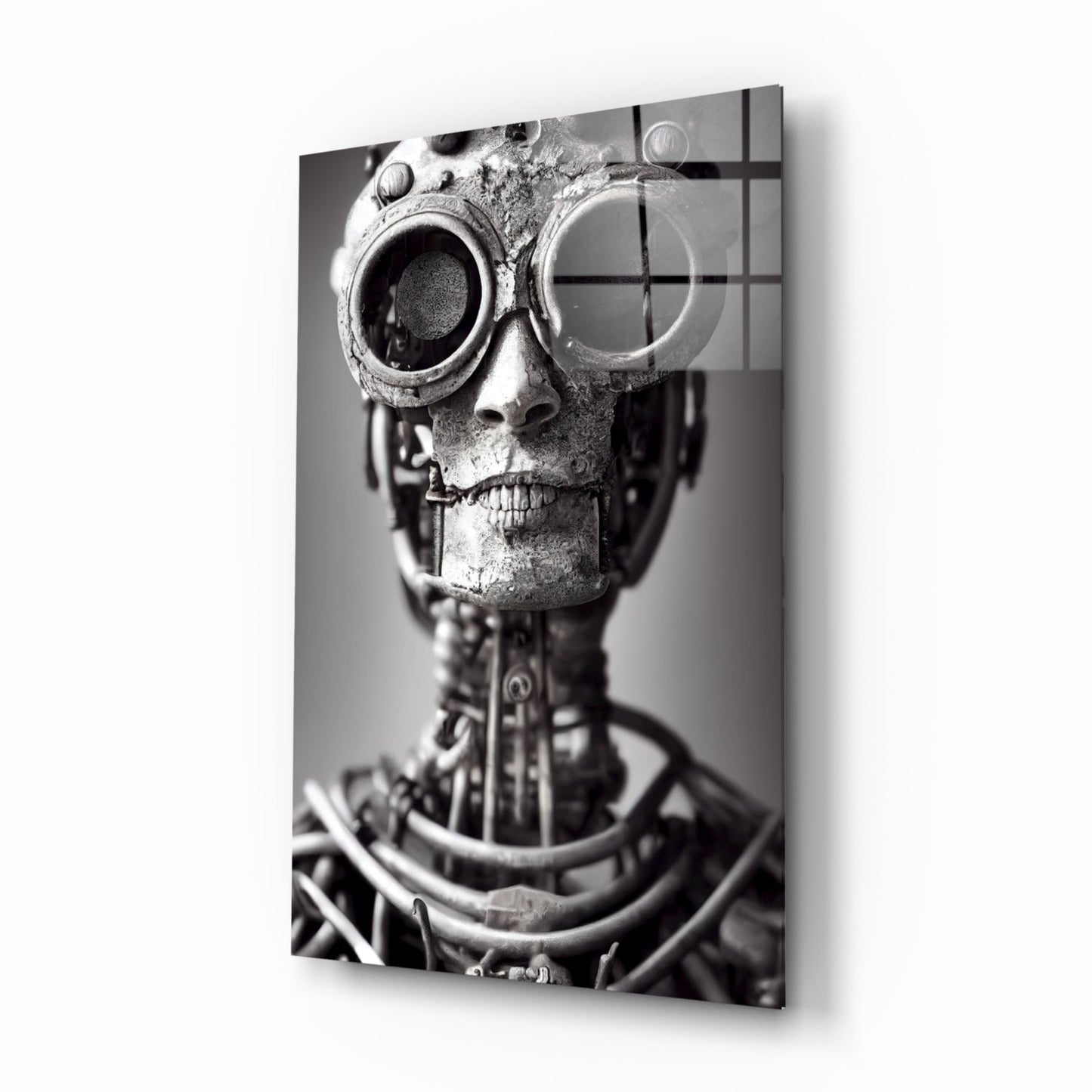 Black and white glass art panel featuring a steampunk skull wearing ornate goggles and mechanical details, displayed at an angle.