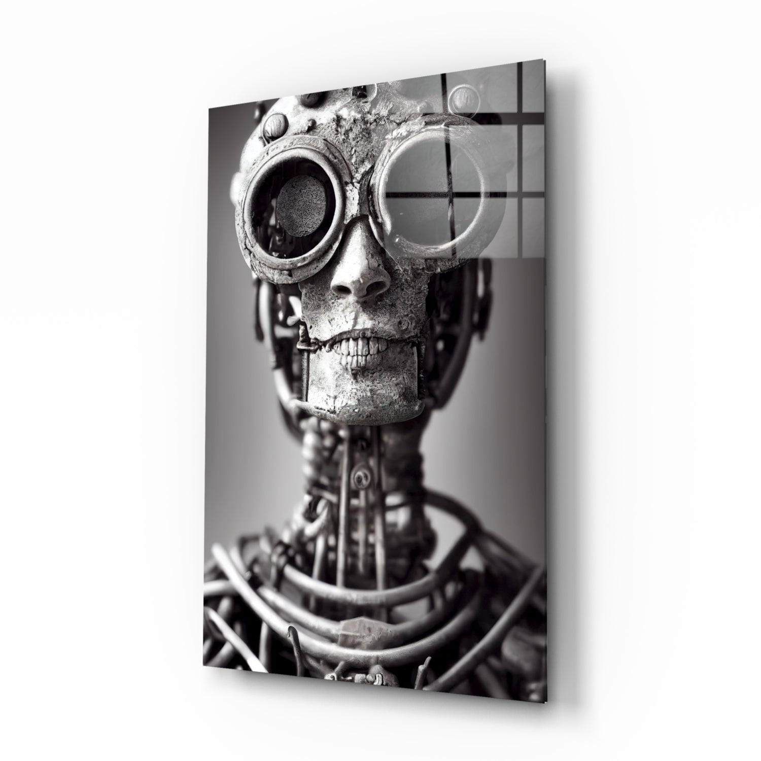 Black and white glass art panel featuring a steampunk skull wearing ornate goggles and mechanical details, displayed at an angle.
