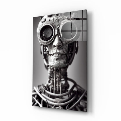 Black and white glass art panel featuring a steampunk skull wearing ornate goggles and mechanical details, displayed at an angle.