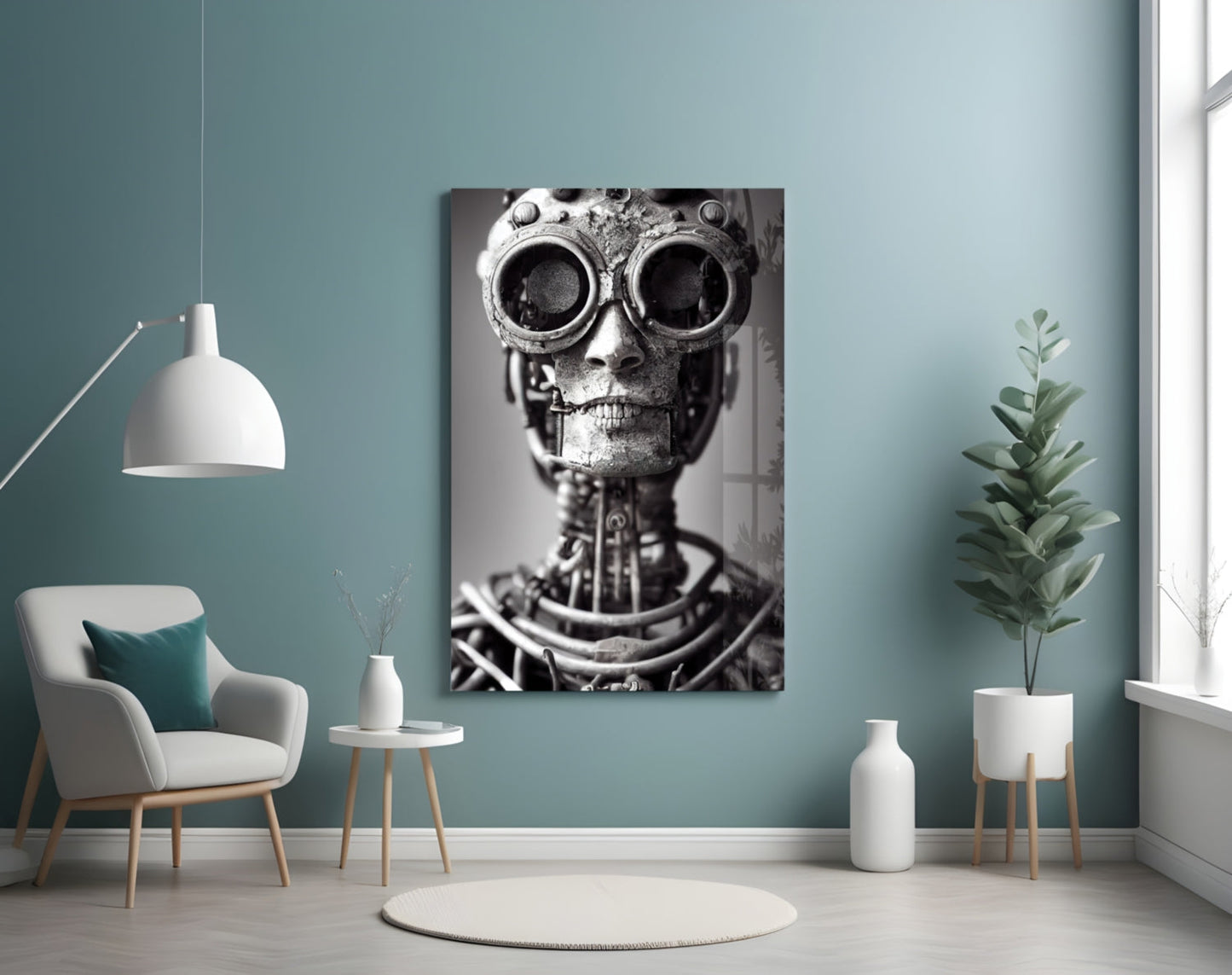 Monochromatic steampunk skull with large circular goggles displayed on teal bedroom wall above white chair and potted plant.