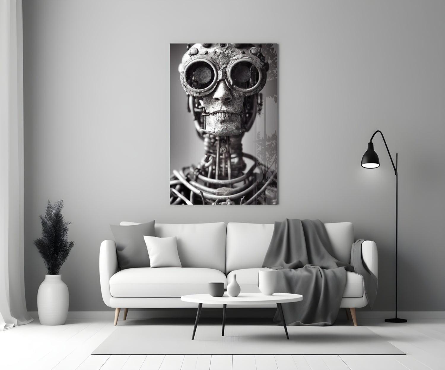 Steampunk skull with large circular goggles and mechanical details displayed as black and white canvas art above a modern living room sofa.