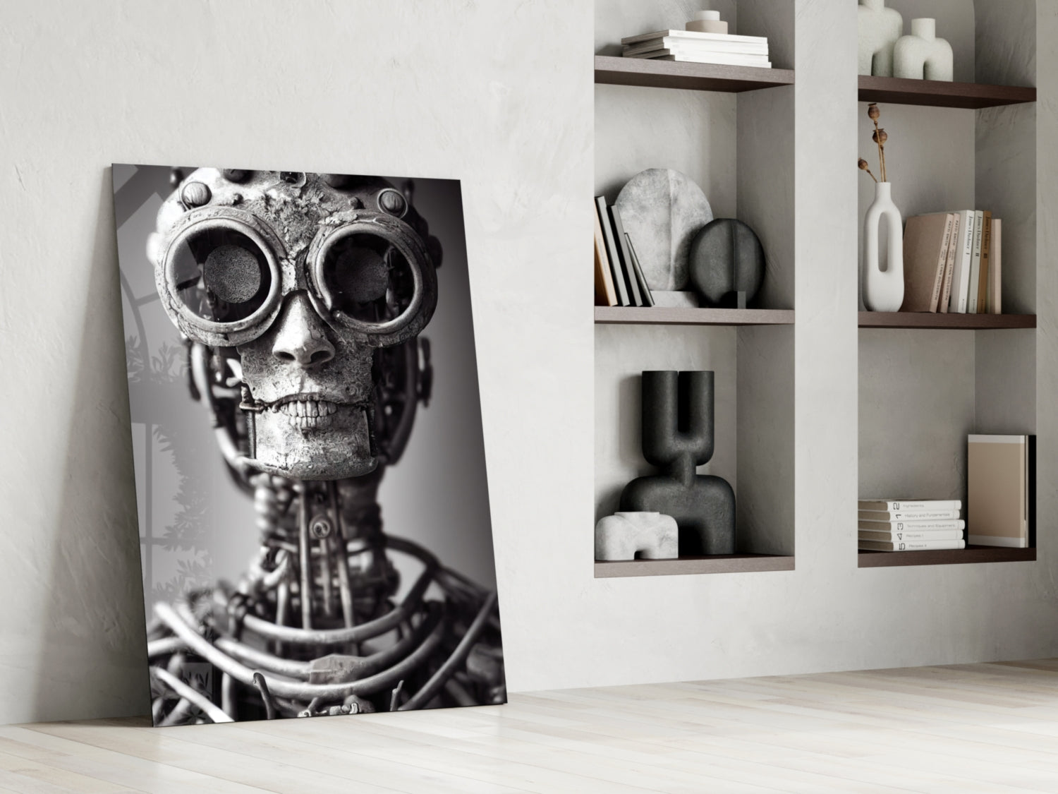 Black and white glass art panel leaning against white wall beside wooden shelving, depicting mechanical skull with large circular eyes and metallic details.