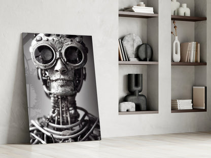 Black and white glass art panel leaning against white wall beside wooden shelving, depicting mechanical skull with large circular eyes and metallic details.
