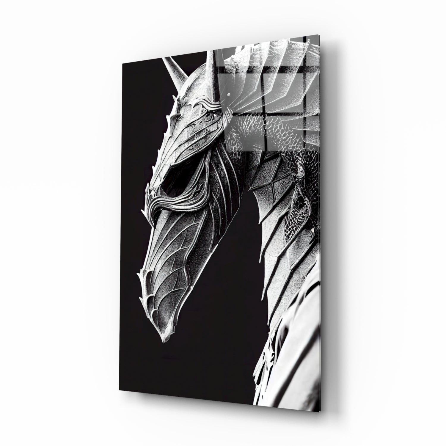 Black and white detailed glass art depicting a dragon head in profile against dark background, mounted on wall.