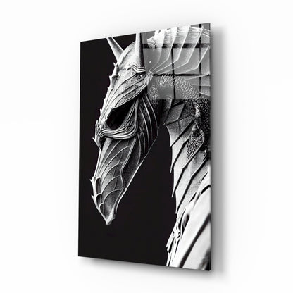 Black and white detailed glass art depicting a dragon head in profile against dark background, mounted on wall.