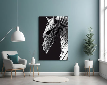 Black and white detailed dragon head artwork displayed on teal wall in minimalist interior setting with chair and plant.