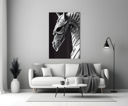 Black and white detailed dragon head artwork displayed above a white sofa in a minimalist living room setting.