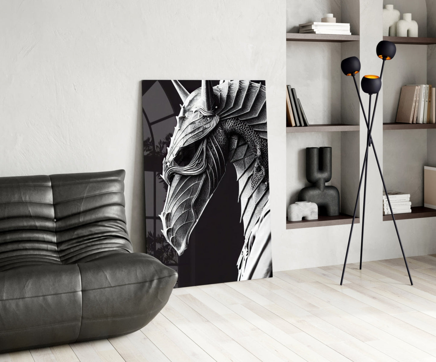 Black and white dragon head glass art displayed in modern living room with leather sofa and wooden shelving.