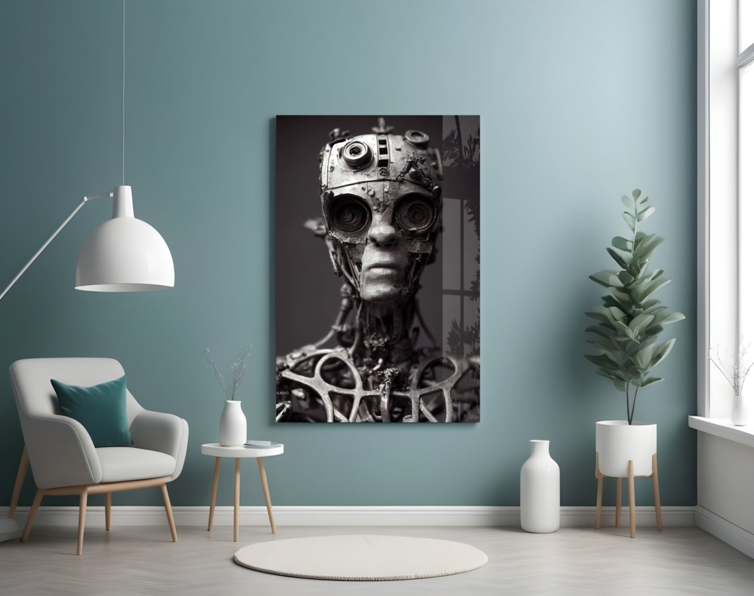 Black and white mechanical humanoid head with camera lenses for eyes displayed on turquoise wall in modern interior setting.