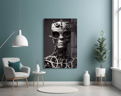 Black and white mechanical humanoid head with camera lenses for eyes displayed on turquoise wall in modern interior setting.