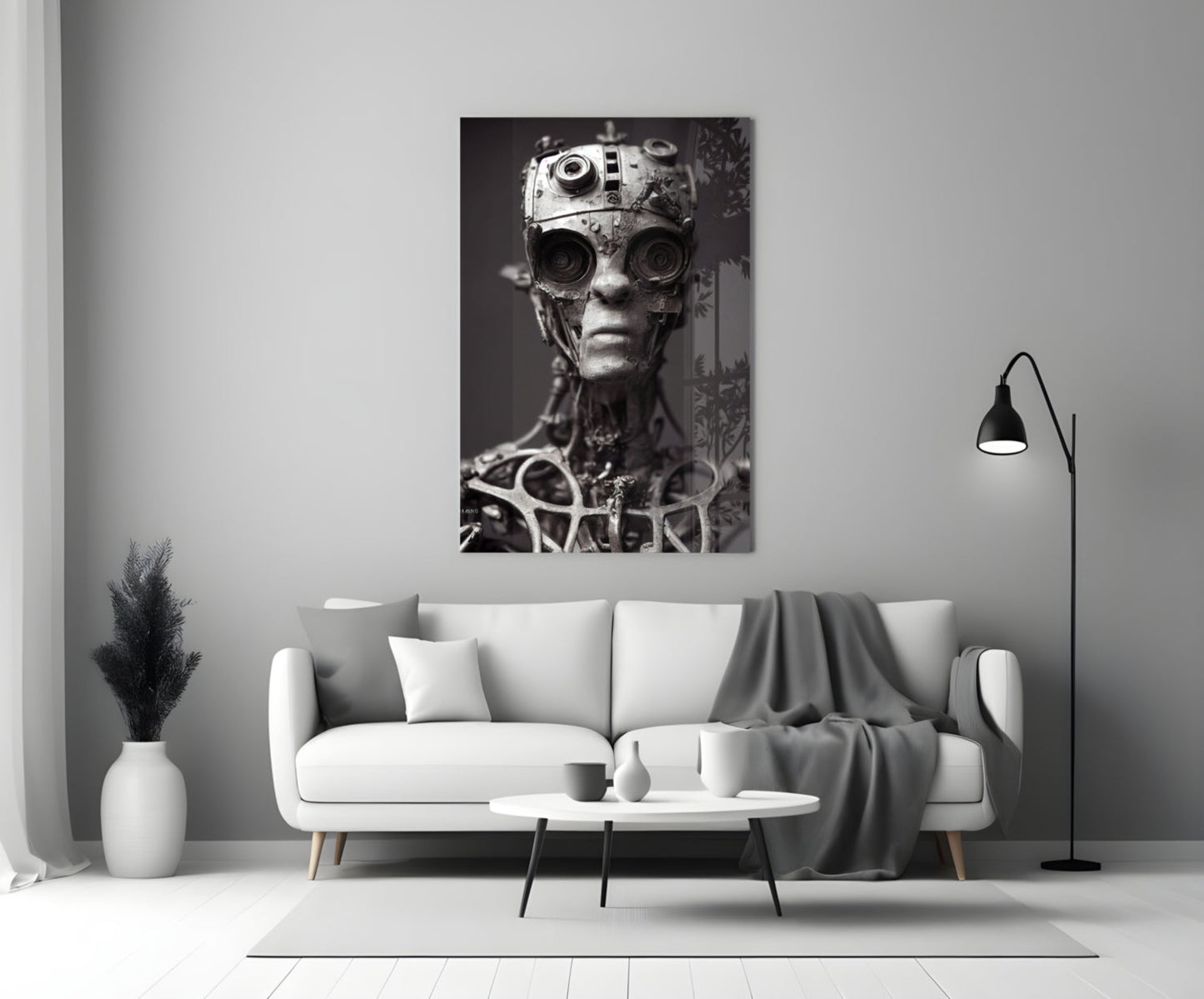 Black and white portrait of a mechanical humanoid head with circular lens eyes, mounted on a modern living room wall above a white sofa.