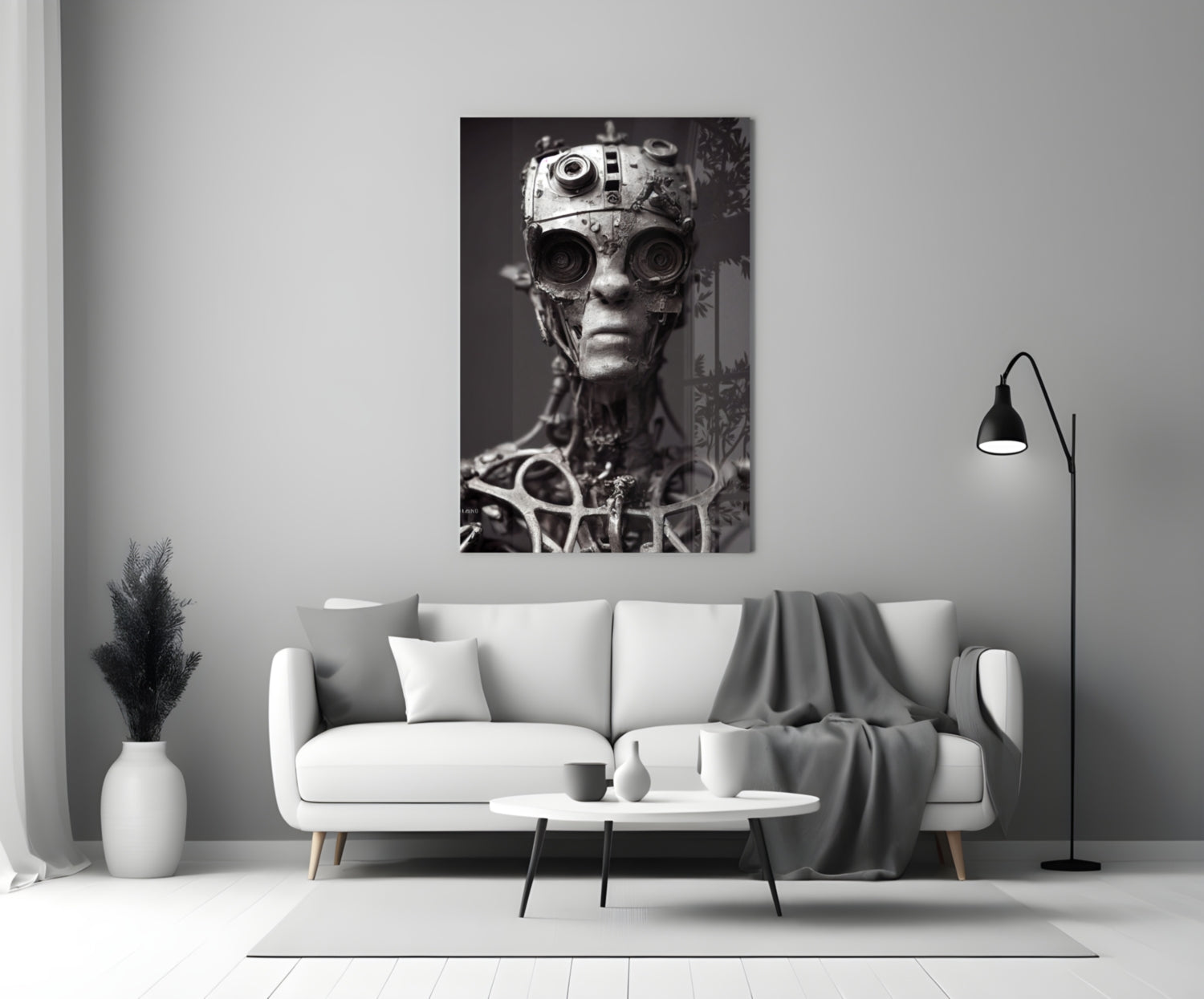 Black and white portrait of a mechanical humanoid head with circular lens eyes, mounted on a modern living room wall above a white sofa.