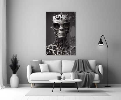 Black and white portrait of a mechanical humanoid head with circular lens eyes, mounted on a modern living room wall above a white sofa.