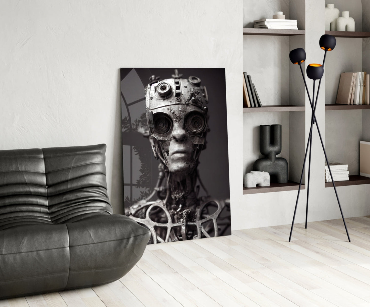 Black and white futuristic cyborg head portrait with camera lens eyes displayed in modern living room with gray sofa and wooden shelving.