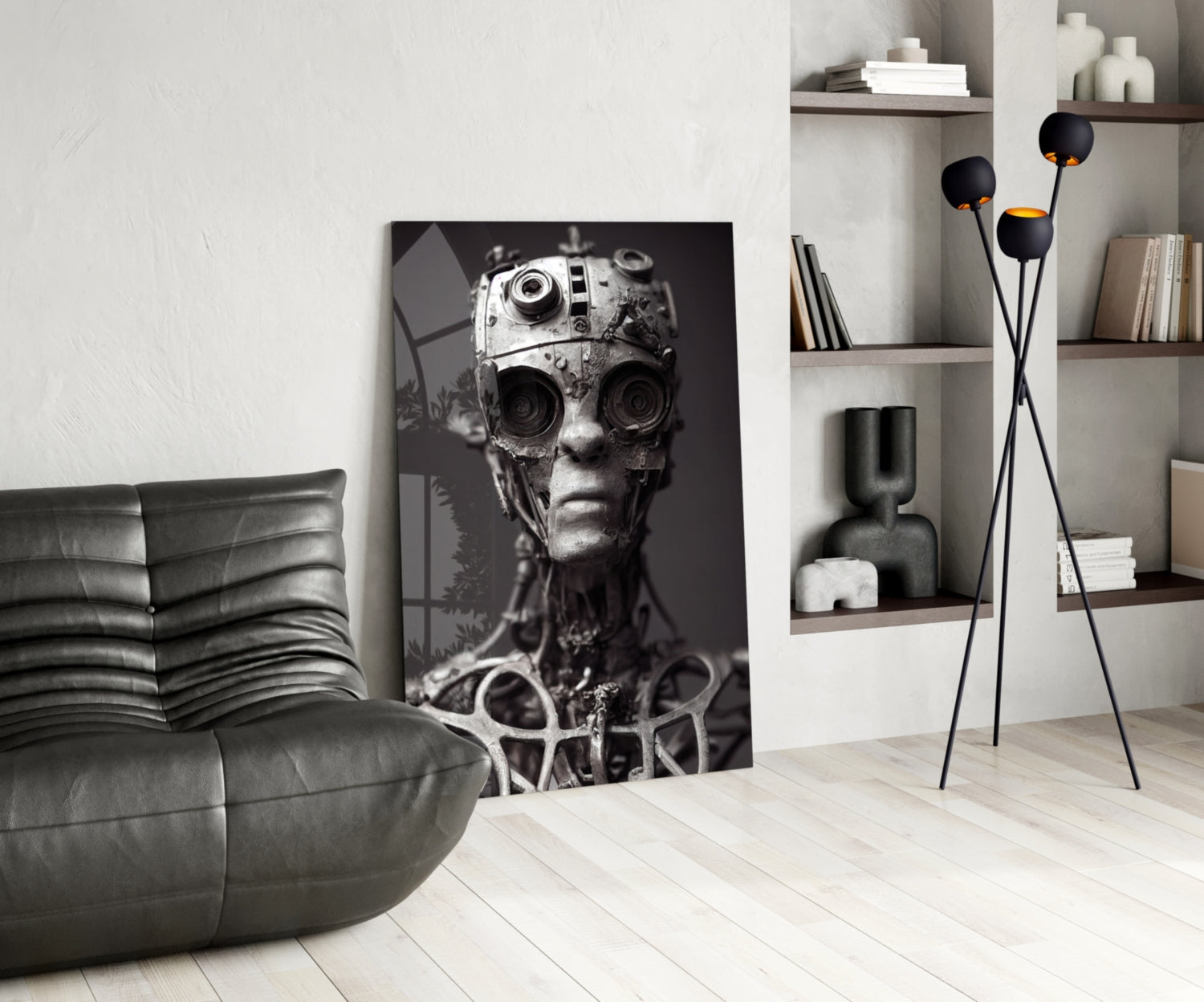 Black and white futuristic cyborg head portrait with camera lens eyes displayed in modern living room with gray sofa and wooden shelving.