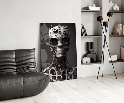 Black and white futuristic cyborg head portrait with camera lens eyes displayed in modern living room with gray sofa and wooden shelving.