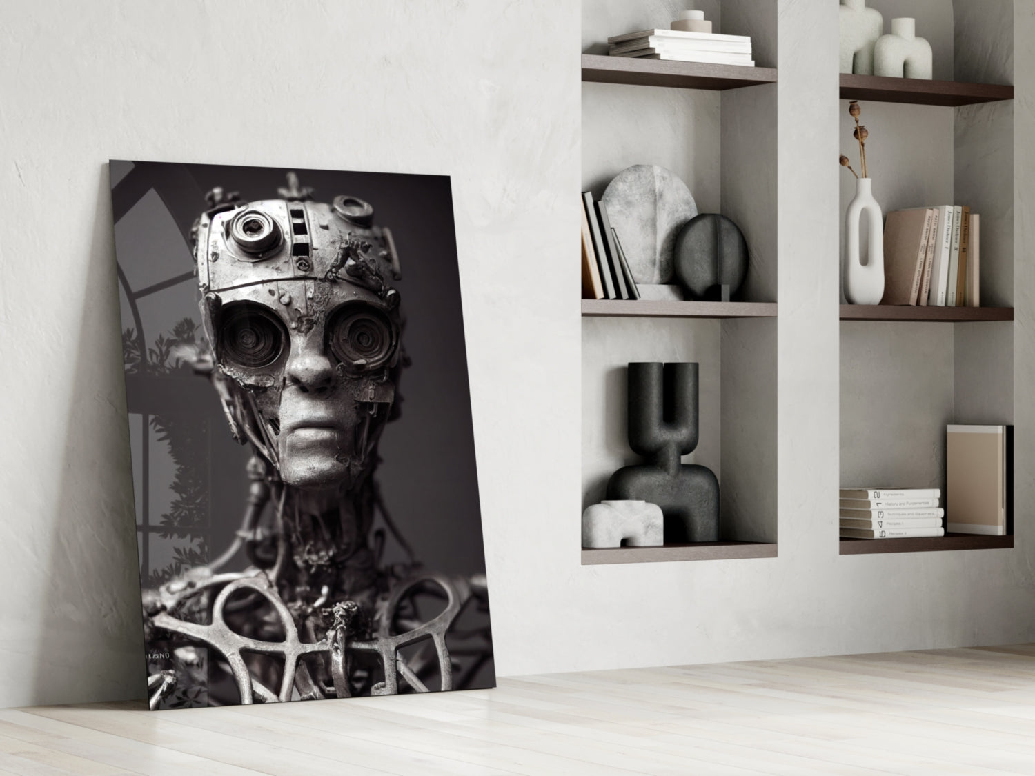 Monochromatic artwork depicting mechanical humanoid head with camera lens eyes leaning against white wall beside shelving unit.
