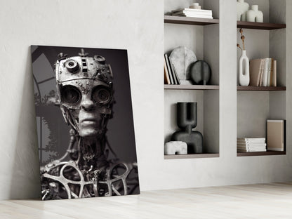 Monochromatic artwork depicting mechanical humanoid head with camera lens eyes leaning against white wall beside shelving unit.