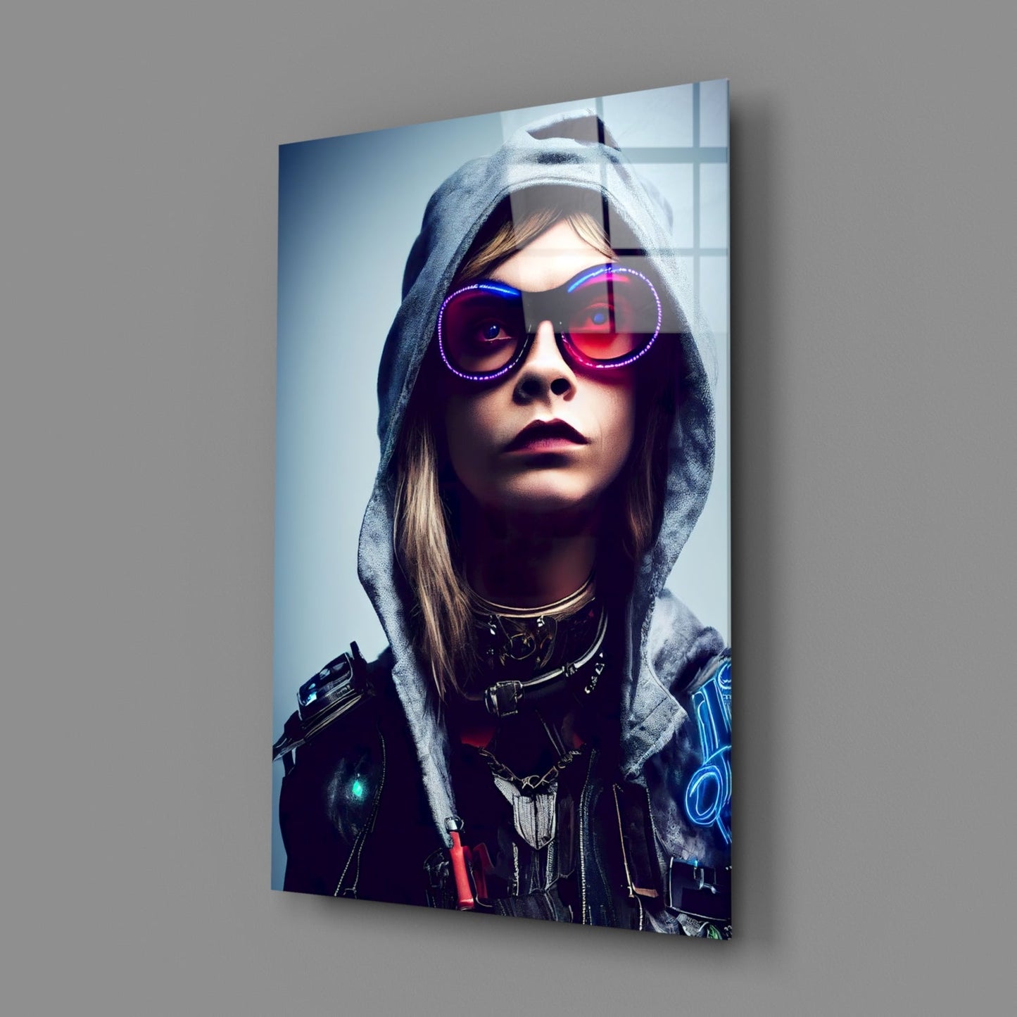 Futuristic portrait of figure wearing gray hood and neon-rimmed sunglasses with glowing tech accessories on glass wall art.