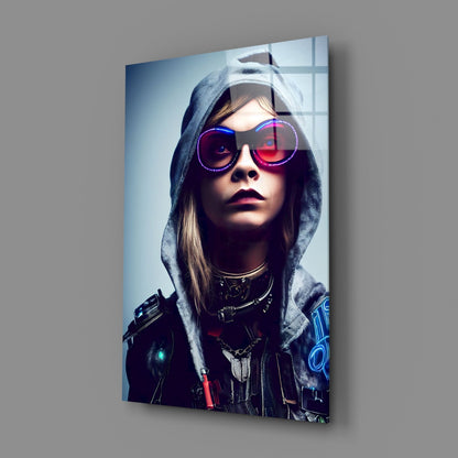 Futuristic portrait of figure wearing gray hood and neon-rimmed sunglasses with glowing tech accessories on glass wall art.