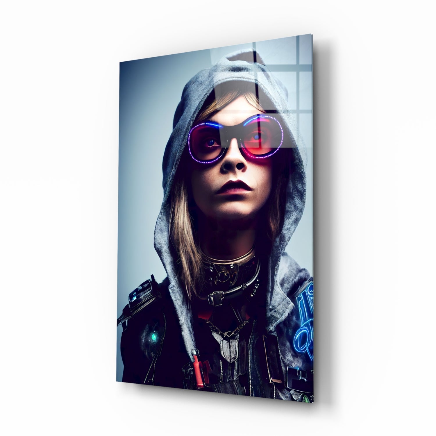 Futuristic portrait on glass showing a figure with long hair, gray hoodie, neon-outlined sunglasses, and tech-detailed black jacket against blue-toned background.