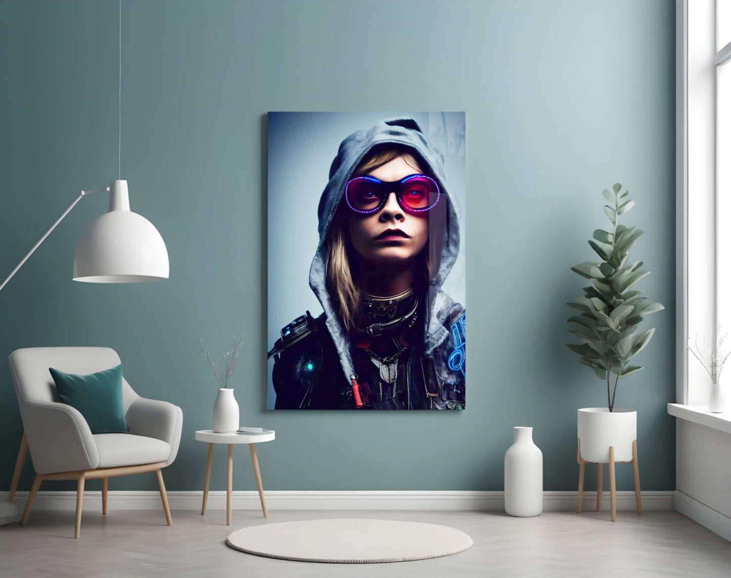 Modern living room with teal walls featuring a glass wall art print of a figure wearing pink sunglasses and gray hoodie.